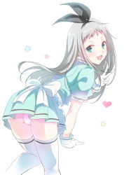  1boy :3 apron aqua_eyes ass bad_id bad_pixiv_id bent_over blend_s blush bow crossdressing dress gloves hair_bow hairband heart kanzaki_hideri looking_at_viewer looking_back male_focus open_mouth panties pantyshot puffy_short_sleeves puffy_sleeves satou_satoru short_sleeves silver_hair skirt solo star_(symbol) thighhighs trap underwear v waitress wavy_mouth white_panties  rating:Questionable score:49 user:danbooru