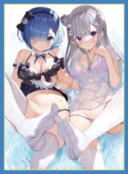 2girls :o apron arm_strap bikini bikini_under_clothes black_bikini black_bow black_hairband black_skirt blue_border blue_eyes blue_hair blush border bow braid breasts cleavage closed_mouth clothes_lift collarbone commentary_request crown_braid detached_collar elf emilia_(re:zero) feet flower frilled_apron frilled_bikini frills front-tie_bikini_top front-tie_top gaou_(umaiyo_puyoman) grey_shirt hair_flower hair_ornament hair_over_one_eye hairband hairclip hand_on_own_chest highres holding_hands interlocked_fingers leg_up lifted_by_self long_hair looking_at_viewer lowleg lowleg_bikini lying maid maid_bikini medium_breasts multiple_girls navel no_shoes on_back parted_lips pointy_ears purple_bikini purple_eyes re:zero_kara_hajimeru_isekai_seikatsu rem_(re:zero) see-through shirt short_hair short_sleeves silver_hair skindentation skirt skirt_lift smile star_(symbol) star_hair_ornament swimsuit thighhighs unconventional_maid waitress wet wet_clothes wet_shirt white_apron white_flower white_legwear x_hair_ornament rating:Questionable score:94 user:danbooru
