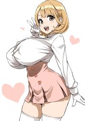 10s 1girl :d asanagi blonde_hair blush breasts brown_eyes buttons covered_erect_nipples cowboy_shot gloves hair_ornament hairclip heart high-waist_skirt highres huge_breasts long_sleeves looking_at_viewer narusawa_ryouka occultic;nine open_mouth short_hair simple_background skirt smile solo standing teeth thighhighs underbust v white_background white_gloves white_thighhighs rating:Sensitive score:229 user:danbooru