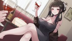  1girl 1other barcode barcode_tattoo black_bra black_dress black_hair black_nails blunt_bangs blush bra breast_tattoo breasts brown_cardigan butterfly_tattoo cake cardigan closed_mouth crossed_legs cup d_(killer_wife)_(nikke) d_(nikke) dongtan_dress doongdang dress drinking_glass food goddess_of_victory:_nikke hair_ornament hairclip heart heart_necklace large_breasts long_hair looking_at_viewer meme_attire nail_polish necklace official_alternate_costume open_cardigan open_clothes red_eyes sitting smile tattoo underwear wine_glass 