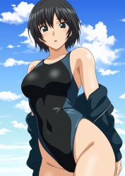  1girl amagami black_hair black_one-piece_swimsuit blue_eyes blue_jacket blue_one-piece_swimsuit blue_sky breasts cloud competition_swimsuit covered_navel cowboy_shot female_focus hair_between_eyes highleg highleg_swimsuit highres jacket jacket_partially_removed looking_at_viewer medium_breasts nanasaki_ai one-piece_swimsuit open_mouth short_hair sky solo swimsuit two-tone_swimsuit yuuyuu_(3jjbn) 