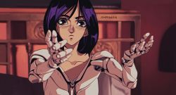  1980s_(style) 1girl alita:_battle_angel artist_name bed black_hair blurry_foreground brown_eyes collarbone cyberpunk cyborg dmitry_grozov foreshortening frown alita battle_angel_alita highres mechanical_arms retro_artstyle outstretched_arms retro_artstyle short_hair solo upper_body watermark  rating:Sensitive score:29 user:danbooru