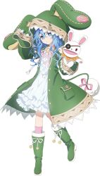  1girl :o animal_ears blue_eyes blue_hair boots date_a_live dress eyepatch frilled_dress frills full_body green_footwear green_hoodie hand_puppet hood hoodie long_sleeves looking_at_viewer official_art pom_pom_(clothes) puppet rabbit_puppet solo tachi-e transparent_background wide_sleeves yoshino_(date_a_live) yoshinon 