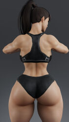  1girl 3d ass ass_focus back backboob bare_hips bare_legs bare_shoulders black_panties breasts brown_hair capcom chun-li cpt-flapjack curvy female_focus gradient_background grey_background highres huge_ass large_breasts lips looking_at_viewer looking_back makeup muscular muscular_female panties ponytail red_lips simple_background solo sports_bikini sports_bra sportswear standing street_fighter thick_thighs thigh_focus thighs underwear wide_hips 