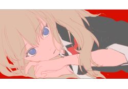  1girl black_shirt blonde_hair blue_eyes bow danganronpa:_trigger_happy_havoc danganronpa_(series) enoshima_junko hands_up highres long_hair open_mouth red_background red_bow shirt solo unfinished wa~a white_background 