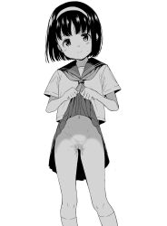  1girl ascot blush cleft_of_venus clothes_lift female_focus greyscale groin hairband highres lifting_own_clothes light_smile loli looking_at_viewer md5_mismatch monochrome navel no_panties original presenting pussy pussy_juice shinkun_(natsume_so) short_sleeves simple_background skirt skirt_lift smile socks solo sweat tareme third-party_edit uncensored white_background  rating:Explicit score:97 user:schwarz-wohlf