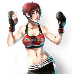    1girl ayane_ninja bandaid boxing_gloves breasts cleavage clothes_writing contrapposto dead_or_alive dead_or_alive_5 fingerless_gloves freckles gloves large_breasts midriff mila_(doa) mixed_martial_arts muscular navel red_eyes red_hair short_hair shorts narrow_waist solo sports_bra tecmo  rating:Sensitive score:43 user:danbooru