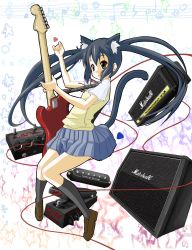  1girl amplifier animal_ears bad_id bad_pixiv_id black_hair brown_eyes cable cat_ears cat_tail electric_guitar guitar highres instrument k-on! long_hair m-y-w marshall nakano_azusa pedal plectrum school_uniform solo speaker tail twintails 