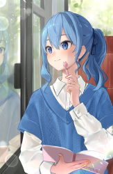  1girl absurdres alternate_costume alternate_hairstyle blue_eyes blue_hair blue_sweater bus closed_mouth collared_shirt commentary facing_viewer hair_between_eyes hand_up highres holding holding_notebook holding_pen hololive hoshimachi_suisei lens_flare long_sleeves looking_outside medium_hair motor_vehicle nisi_ki_no notebook pen ponytail reflection shirt sitting smile solo sweater upper_body virtual_youtuber white_shirt 