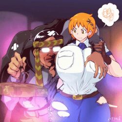  1boy 1girl :o angry animated animated_gif blush breasts breasts_out brown_hair closed_eyes grabbing grabbing_own_breast hataraki_ari huge_breasts interspecies long_hair multiple_boys muscular open_mouth orange_hair original police police_uniform policewoman torn_clothes uniform weapon 
