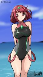  1girl 2022 absurdres beach breasts competition_swimsuit highres izaiah one-piece_swimsuit pyra_(pro_swimmer)_(xenoblade) pyra_(xenoblade) red_eyes red_hair swimsuit thighs xenoblade_chronicles_(series) xenoblade_chronicles_2  rating:General score:15 user:IzaiAH