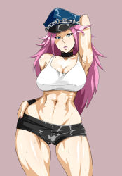  1girl abs armpits bare_shoulders blue_eyes breasts capcom choker cleavage curvy enoshima_iki female_focus final_fight hat highres hip_focus large_breasts long_hair midriff muscular peaked_cap pink_hair poison_(final_fight) short_shorts shorts simple_background solo street_fighter sweat tank_top thick_thighs thighs toned wide_hips  rating:Questionable score:217 user:Princess_of_Hoenn