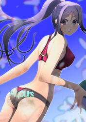  1girl ass back ball beach_volleyball bikini black_bikini blue_background blue_hair blue_sky butt_crack clothes_writing cloud cloudy_sky commentary_request cowboy_shot day dirty female_focus grin holding holding_ball jou_(circlemay) looking_at_viewer looking_back love_live! love_live!_sunshine!! matsuura_kanan mismatched_underwear outdoors partial_commentary playing_sports ponytail purple_eyes red_bikini simple_background sky smile solo standing swimsuit volleyball volleyball_(object) 