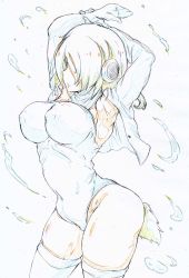  1girl armpits arms_up breasts cleft_of_venus colored_pencil_(medium) covered_erect_nipples covered_navel cowboy_shot curvy emperor_penguin_(kemono_friends) eyelashes female_focus hair_over_one_eye headphones highres hip_focus impossible_clothes jacket kemono_friends kitazinger large_breasts looking_to_the_side medium_hair open_mouth parted_lips penguin_girl penguin_tail shirt simple_background standing stretching tail thighhighs thighs traditional_media upper_body white_background white_shirt white_thighhighs 