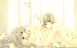  1boy 1girl character_request flower grey_eyes grey_hair long_hair nude short_hair source_request tagme tohru_adumi 