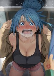  1girl anger_vein aqua_(konosuba) black_tank_top blue_eyes blue_hair blush breasts breath brown_jacket cleavage clenched_hands commentary_request dolphin_shorts hair_bun highres izawa_(bhive003) jacket kono_subarashii_sekai_ni_shukufuku_wo! large_breasts long_sleeves looking_at_viewer open_clothes open_jacket open_mouth paid_reward_available pink_shorts pov pov_hands runny_nose satou_kazuma short_shorts shorts shouting single_hair_bun sleeves_past_wrists snot snowing solo_focus tank_top tearing_up teeth tongue v-shaped_eyebrows wavy_mouth wide-eyed  rating:Sensitive score:62 user:danbooru