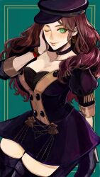  1girl black_choker black_hat blush breasts brown_hair cabbie_hat choker cleavage closed_mouth commentary_request dorothea_arnault fire_emblem fire_emblem:_three_houses garreg_mach_monastery_uniform green_background green_eyes hand_on_own_face hat highres large_breasts lips long_hair looking_at_viewer nintendo one_eye_closed pink_lips sadakadeha_nai simple_background smile solo wavy_hair 