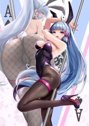  1girl absurdres ace_(playing_card) ace_of_spades alternate_costume alternate_eye_color animal_ears ayaka_(genshin_impact) black_leotard blue_eyes blue_hair blunt_bangs bow breasts card corruption fake_animal_ears fake_tail fishnet_pantyhose fishnets genshin_impact hair_ribbon high_heels highleg highleg_leotard highres hypnosis leotard long_hair looking_at_viewer mind_control multiple_views pantyhose perianist playboy_bunny playing_card pole_dancing ponytail rabbit_ears rabbit_tail ribbon smile solo spade_(shape) strapless strapless_leotard tail tongue tongue_out wedgie wrist_cuffs 