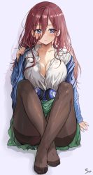 1girl artist_name black_pantyhose blue_cardigan blue_eyes blush breasts cardigan cleavage collarbone collared_shirt commentary_request crossed_legs feet frown go-toubun_no_hanayome green_skirt hair_between_eyes headphones headphones_removed highres large_breasts legs lips long_hair long_sleeves nakano_miku no_shoes pantyhose red_hair revision saya_(mychristian2) shiny_clothes shirt signature simple_background sitting skirt solo toes white_background white_shirt rating:Sensitive score:52 user:danbooru