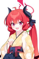 1girl :d absurdres ahoge blue_archive blue_hakama blush brown_kimono commentary_request dango demon_horns fang floral_print food hair_between_eyes hakama halo highres holding holding_food horns japanese_clothes junko_(blue_archive) kimono long_hair obi open_mouth pointy_ears print_kimono purple_eyes red_hair sanshoku_dango sash simple_background smile solo sprout_(haji_s) twintails very_long_hair wagashi white_background 