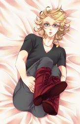  10s 1boy androgynous bad_id bad_pixiv_id barnaby_brooks_jr. bed blonde_hair boots glasses green_eyes jewelry hugging_own_legs lying male_focus necco12 necklace shirt solo t-shirt tiger_&amp;_bunny  rating:Sensitive score:3 user:danbooru