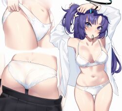  1girl absurdres arms_up ass black_skirt blue_archive bra breasts cleavage commentary dressing english_commentary groin hair_tie_in_mouth halo highres long_hair medium_breasts mouth_hold multiple_views navel open_clothes open_shirt panties purple_eyes purple_hair shirt skirt solo standing tying_hair underwear wakamepiza white_background white_bra white_panties white_shirt yuuka_(blue_archive)  rating:Sensitive score:40 user:danbooru