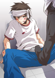  blood blush boxers brown_hair bulge erection erection_under_clothes headband male_focus male_underwear one_eye_closed penis spread_legs sweat tagme underwear wink yaoi  rating:Explicit score:34 user:Pistachio