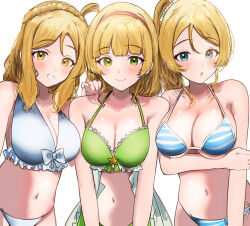  3girls absurdres ayase_eli bikini blonde_hair breasts cleavage color_connection frilled_bikini frills hair_color_connection heanna_sumire highres in-franchise_crossover large_breasts looking_at_viewer love_live! love_live!_school_idol_project love_live!_sunshine!! love_live!_superstar!! multiple_girls ohara_mari simple_background striped_bikini striped_clothes sunya_(honorin-yuunibo) swimsuit trait_connection 
