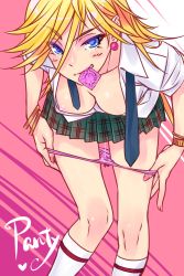10s 1girl bent_over blonde_hair blue_eyes blush bow bow_panties bracelet breasts bubuzuke character_name condom condom_in_mouth condom_wrapper downblouse earrings female_focus heart highres jewelry kneehighs long_legs looking_at_viewer medium_breasts mouth_hold necktie nipple_slip nipples no_bra panties panty_&amp;_stocking_with_garterbelt panty_(psg) panty_pull pink_panties plaid plaid_skirt pussy_juice pussy_juice_trail shiny_skin shirt skirt socks solo underwear undone_necktie white_shirt rating:Explicit score:281 user:danbooru