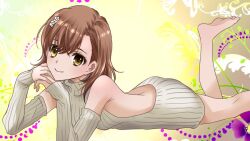  1girl aran_sweater backless_dress backless_outfit bare_back bare_legs bare_shoulders breasts brown_eyes brown_hair brown_sweater cable_knit cowboy_shot detached_sleeves dress floral_background from_side hair_ornament hairclip hands_on_own_chin leg_up lying medium_hair meme_attire misaka_mikoto on_stomach own_hands_together ribbed_sweater side_part sitting small_breasts smile solo sweater sweater_dress tacchin_ichi-gou toaru_majutsu_no_index turtleneck turtleneck_sweater virgin_killer_sweater yellow_background 