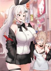  2girls ad amogan bare_shoulders black_bow black_bowtie black_ribbon blonde_hair blue_bow blue_ribbon bow bowtie breasts brown_eyes choker city commission detached_sleeves dress fal_(girls&#039;_frontline) five-seven_(girls&#039;_frontline) girls&#039;_frontline gun hair_ornament hair_ribbon handgun height_difference high_ponytail highres jacket large_breasts long_hair multiple_girls open_mouth pixiv_commission ponytail red_ribbon ribbon shirt skirt tall_female thigh_strap weapon white_dress white_hair white_shirt 