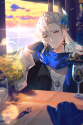  1boy animal animal_on_shoulder asymmetrical_bangs blue_scarf blurry blurry_background closed_mouth cup drinking_glass earrings genshin_impact gloves grey_hair hair_between_eyes hair_ornament half_gloves highres jewelry leisurely_otter_(genshin_impact) long_hair long_sleeves looking_at_viewer male_focus nai_pizx napkin necklace neuvillette_(genshin_impact) ocean pendant pointy_ears scarf shirt sidelocks sitting sunlight table twitter_username white_shirt wine_glass 