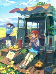 2girls :&lt; :d ahoge animal_ears apron arm_up bf._(sogogiching) black_eyes blue_apron blue_flower blue_shirt blue_sky blurry cafe capri_pants cloud collared_shirt commentary cup day depth_of_field disposable_cup dog_ears dog_girl dog_tail dot_nose drink drinking drinking_straw drinking_straw_in_mouth english_text falling_petals field film_grain floating_hair flower flower_pot food food_truck from_side fruit hand_on_own_hip hands_up hat holding holding_cup holding_drink jar juice lemon lemon_slice long_hair looking_afar looking_ahead looking_at_viewer mandarin_orange menu_board motion_blur mountainous_horizon multiple_girls open_mouth orange_hair original outdoors outstretched_legs pants petals plant ponytail potted_plant red_headwear scenery shade shading_eyes shadow shirt shoelaces shoes short_sleeves sideways_mouth sitting sky smile sneakers standing sunlight symbol-only_commentary table tail twitter_username white_footwear white_pants white_shirt wide_shot wind wing_collar yellow_flower yellow_pants