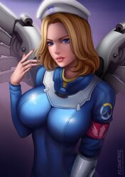 1girl abstract_background absurdres artist_logo blizzard_(company) blonde_hair blue_eyes breasts brown_lips brown_nails combat_medic_ziegler deviantart_username female_focus flowerxl hat highres large_breasts looking_at_viewer medical membranous_wings mercy nurse_cap overwatch overwatch_2 pale_skin short_hair simple_background solo swiss video_game_character