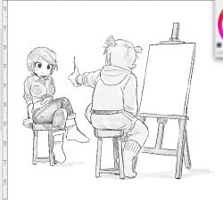  2girls canvas_(object) color_wheel crossed_legs easel eyelashes full_body highres holding holding_brush hood hoodie looking_at_another midriff monochrome multiple_girls pants ramona_flowers roxanne_richter ryaa1234 scott_pilgrim_(series) shirt short_hair short_twintails sitting socks twintails 