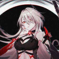  0kuroshii 1girl acheron_(honkai:_star_rail) armor black_choker black_coat black_hole blood bloody_tears body_markings breasts bright_pupils choker chromatic_aberration cleavage coat colored_extremities commentary commentary_request criss-cross_halter crop_top detached_sleeves earrings english_commentary eyes_visible_through_hair flower hair_intakes hair_ornament hair_over_one_eye halterneck highres honkai:_star_rail honkai_(series) jewelry large_breasts long_hair looking_at_viewer midriff parted_lips partial_commentary red_eyes red_flower scabbard sheath shoulder_armor sidelocks single_detached_sleeve solo very_long_hair white_hair white_pupils 
