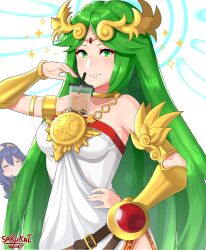  2girls absurdres ancient_greek_clothes armlet balancing bare_shoulders bendy_straw between_breasts blue_hair bracelet breast_envy breasts bubble_tea bubble_tea_challenge chain circlet cleavage closed_eyes collarbone commentary cropped_legs cup diadem disposable_cup dress drink drinking_straw english_commentary fire_emblem fire_emblem_awakening flat_chest forehead_jewel gold_bracelet gold_chain gold_choker greco-roman_clothes green_eyes green_hair hair_between_eyes hair_ornament hand_on_own_hip highres jewelry kid_icarus large_breasts laurel_crown long_hair looking_at_viewer low-cut lucina_(fire_emblem) meme multiple_girls neck_ring nintendo object_on_breast object_on_pectorals open_mouth palutena parted_bangs pendant red_lips sarukaiwolf sleeveless sleeveless_dress smile smug strapless strapless_dress super_smash_bros. sweatdrop tiara tube_dress upper_body very_long_hair white_background white_dress 