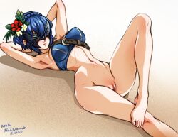  1girl armpits artist_name barefoot bikini bikini_top_only blue_hair bottomless breasts cape dated fire_emblem fire_emblem_awakening fire_emblem_heroes flower large_breasts looking_at_viewer lucina_(fire_emblem) marth_(fire_emblem_awakening) mask medium_breasts mina_cream navel nintendo pussy sand short_hair smile solo swimsuit tagme third-party_edit tiara  rating:Explicit score:9 user:xxlalatina420xx