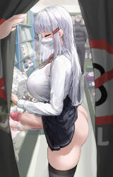  1boy 1girl afterimage ass black_thighhighs book breasts closed_eyes cum curtains ejaculation erection from_side futanari hair_ornament hairclip handsfree_ejaculation highres holding holding_book indoors iro_(boo_iro) large_breasts long_hair long_sleeves manga_(object) mask microskirt mouth_mask original penis pleated_skirt public_indecency reading school_uniform sex_shop shirt shop skirt solo_focus standing thighhighs thighs twitching_penis uncensored veins veiny_penis white_hair white_shirt yellow_eyes  rating:Explicit score:136 user:danbooru