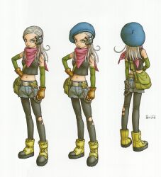  1girl absurdres ankle_boots arm_at_side bag bare_shoulders belt belt_chain beret black_pantyhose black_tank_top blue_eyes blue_hat boots breasts brown_gloves chain character_request character_sheet clenched_hands closed_mouth commentary denim denim_shorts detached_sleeves dragon_quest dragon_quest_monsters dragon_quest_monsters_joker_3 facing_away facing_viewer fingerless_gloves from_behind full_body gloves green_bag green_belt green_sleeves hair_over_shoulder hand_on_own_hip hat headset highres long_hair midriff navel neckerchief official_art pantyhose parted_bangs pink_lips pink_neckerchief platform_boots platform_footwear raised_eyebrow serious shorts shoulder_bag sideways_glance simple_background small_breasts solo straight_hair tank_top toriyama_akira torn_clothes torn_pantyhose tsurime velcro_footwear white_background white_hair yellow_footwear 