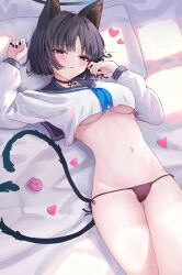 1girl absurdres animal_ears bed_sheet black_eyes black_hair black_nails black_sailor_collar blue_archive blue_halo breasts brown_panties cat_ears cat_tail closed_mouth cowboy_shot fingernails halo heart highres kikyou_(blue_archive) long_sleeves looking_at_viewer lying medium_breasts multiple_tails nail_polish navel no_pants nonoka7221 on_back panties petals pillow sailor_collar short_hair solo tail two_tails underboob underwear 