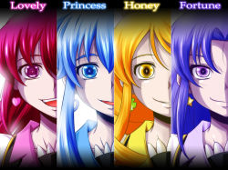  10s 4girls aino_megumi blonde_hair blue_eyes blue_hair character_name crazy_eyes cure_fortune cure_honey cure_lovely cure_princess dress earrings english_text eyelashes gradient_background happinesscharge_precure! highres hikawa_iona jewelry long_hair looking_at_viewer magical_girl multiple_girls nishi_koutarou oomori_yuuko open_mouth pink_eyes pink_hair ponytail portrait precure puffy_sleeves purple_eyes purple_hair shirayuki_hime shirt sidelocks smile twintails upper_body white_background yellow_eyes  rating:Sensitive score:5 user:danbooru
