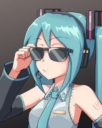  1girl adjusting_eyewear aqua_hair aqua_necktie bare_shoulders black_sleeves closed_mouth commentary detached_sleeves digiral english_commentary gradient_background grey_background grey_shirt hair_ornament hand_up hatsune_miku headphones headset highres long_hair long_sleeves microphone necktie number_tattoo shirt shoulder_tattoo sidelocks simple_background sleeveless sleeveless_shirt solo sunglasses tattoo twintails upper_body vocaloid  rating:General score:2 user:danbooru