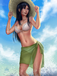 10s 1girl 2016 :d armpits arms_up artist_name bare_arms bare_legs bare_shoulders bikini black_hair blue_sky breasts burn_scar cleavage cloud collarbone dark-skinned_female dark_skin day hair_between_eyes hat highres holding holding_clothes holding_hat ikezawa_hanako katawa_shoujo looking_to_the_side medium_breasts open_mouth purple_eyes realistic red_lips sarong scar sciamano240 see-through signature sky smile solo splashing stamp straw_hat summer swimsuit water white_bikini rating:Questionable score:43 user:danbooru