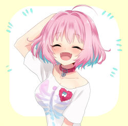 1girl ahoge arm_behind_head arm_up blush breasts closed_eyes collar collarbone commentary fangs flying_sweatdrops hair_intakes heart-shaped_lock idolmaster idolmaster_cinderella_girls large_breasts medium_hair multicolored_hair open_mouth pink_collar shirt simple_background skeleton_print smile solo sukoyaka_(100hituzi) tongue two-tone_hair white_background white_shirt yumemi_riamu 