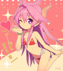  1girl armpit_crease barefoot bikini blowing_kiss borrowed_character bracelet collarbone commentary_request dragon_horns flat_chest heart horns jewelry looking_at_viewer metata navel one_eye_closed open_mouth original pearl_bracelet petite pink_eyes pink_hair pointy_ears red_bikini solo standing standing_on_one_leg star_(symbol) star_in_eye suzuka_sutera_(axiacid) swimsuit symbol_in_eye translation_request 