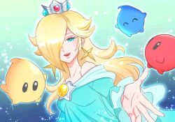  1girl :d agua_mp bare_shoulders blonde_hair blue_dress blue_eyes brooch commentary crown dress earrings eyelashes hair_over_one_eye jewelry long_hair long_sleeves looking_at_viewer luma_(mario) mario_(series) nintendo off-shoulder_dress off_shoulder open_mouth outstretched_hand rosalina smile star_(symbol) star_brooch star_earrings super_mario_galaxy symbol-only_commentary upper_body 