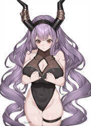  1girl arknights bare_shoulders black_hairband black_horns blush breasts cokuto1 fake_horns hairband horns large_breasts long_hair looking_at_viewer off_shoulder purple_eyes purple_hair red_eyes shirt simple_background sleeveless solo thighlet typhon_(arknights) very_long_hair white_background 