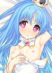 1girl arm_up armpits bare_shoulders blue_hair blush breasts gradient_background heart heart-shaped_pupils long_hair looking_at_viewer nipples original parted_lips red_eyes sample_watermark small_breasts smile solo symbol-shaped_pupils tatami_to_hinoki watermark rating:Questionable score:43 user:danbooru