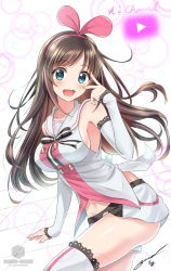  1girl :d absurdres arm_warmers armpits bare_shoulders black_hair blue_eyes blush breasts collarbone cowboy_shot detached_sleeves from_side hairband highres kizuna_ai kizuna_ai_inc. lace lace-trimmed_legwear lace_trim large_breasts long_hair looking_at_viewer looking_to_the_side midriff_peek miniskirt multicolored_hair navel nez-box official_style open_mouth pink_hair pink_hairband sailor_collar sideboob skirt smile solo standing thighhighs two-tone_hair v_over_eye virtual_youtuber watermark white_skirt white_thighhighs  rating:Sensitive score:20 user:danbooru